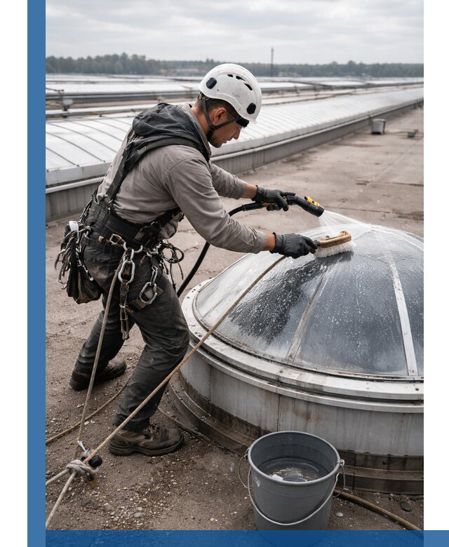 Мойка зенитных фонарей на кровле для промышленных объектов в Ессентуках