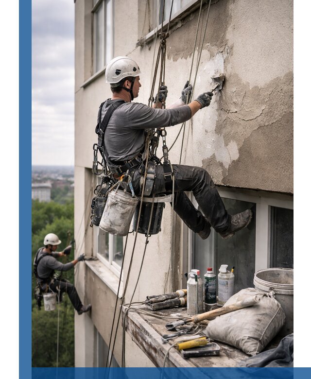 Косметический ремонт фасада зданий в Ессентуках промышленными альпинистами
