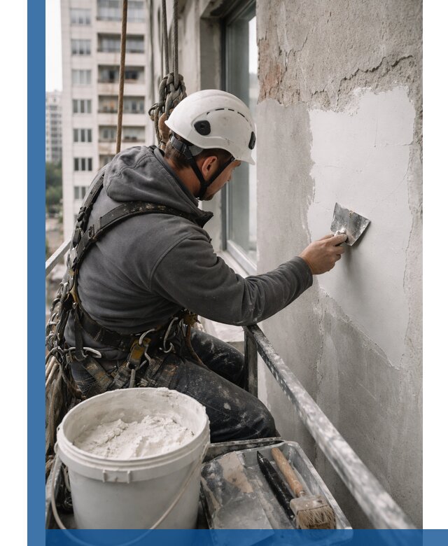 Шпаклевка фасадов на высоте с промальпинистами в Ессентуках