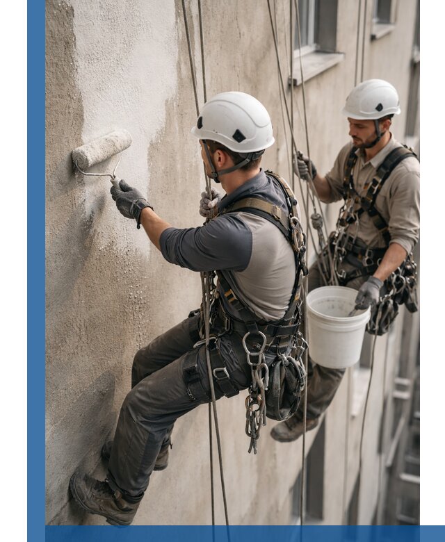 Грунтовка фасада на высоте в Ессентуках промышленными альпинистами