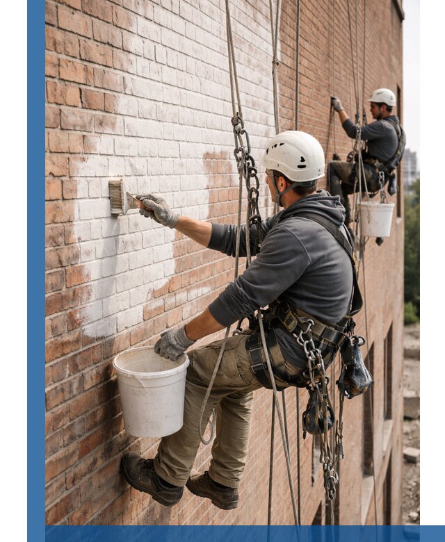 Покраска кирпичного фасада с доступным альпинистским сервисом в Ессентуках