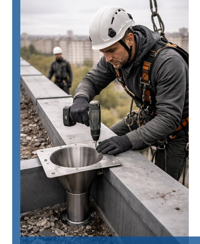 Монтаж водосточных воронок в Ессентуках для промышленных зданий