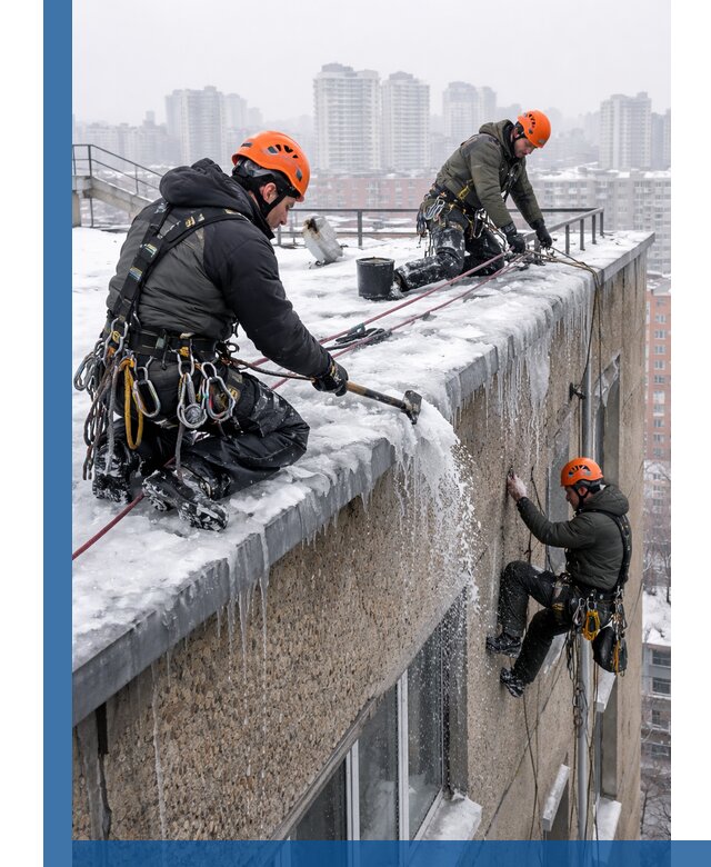 Удаление наледи с кровли в Ессентуках промышленными альпинистами