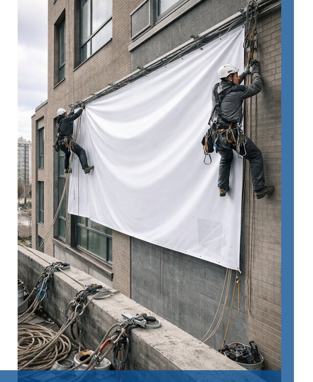 Монтаж баннеров на фасаде в Ессентуках от 663 р. заказать ВЫСОТНИК-Ссн