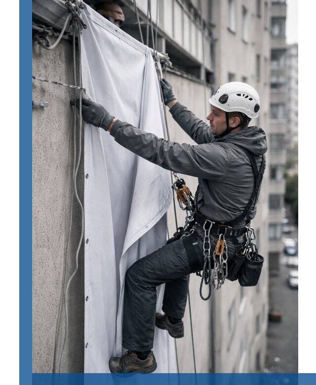 Замена баннерного полотна промышленными альпинистами в Ессентуках