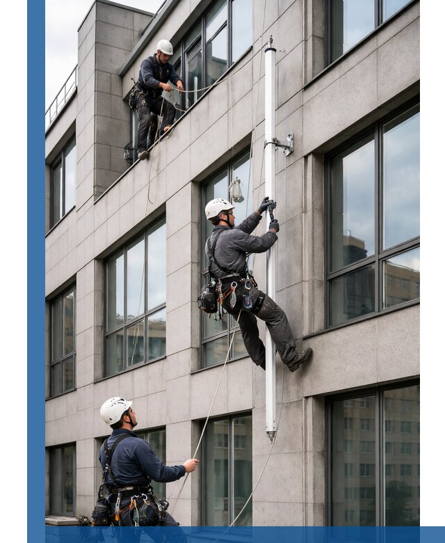 Монтаж флагштока на фасаде здания с креплением и герметикой в Ессентуках