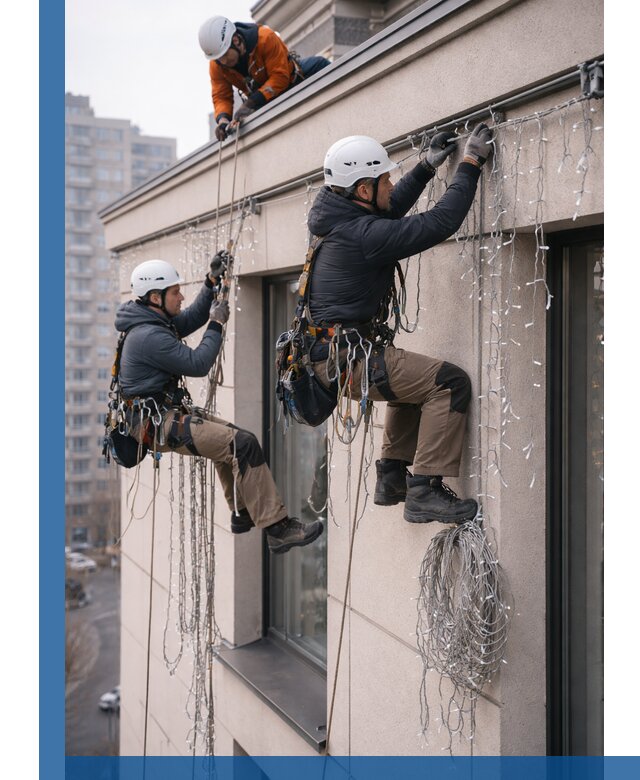 Монтаж праздничных гирлянд на фасаде в Ессентуках для зданий