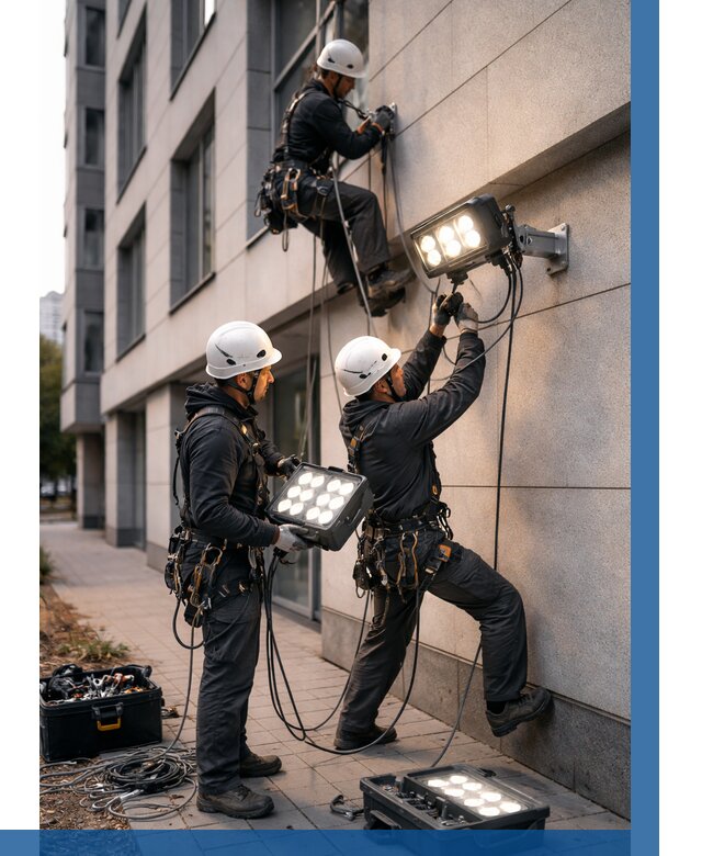 Монтаж прожекторов на фасаде в Ессентуках от 7648 р. | ВЫСОТНИК-Ссн