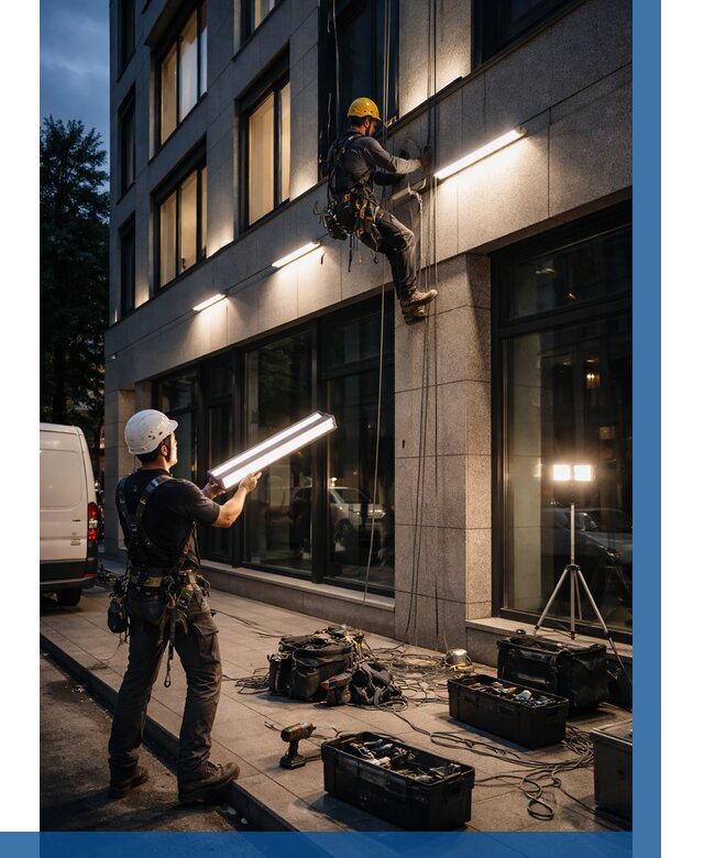 Монтаж архитектурной подсветки здания в Ессентуках от 2549 р.|ВЫСОТНИК-Ссн