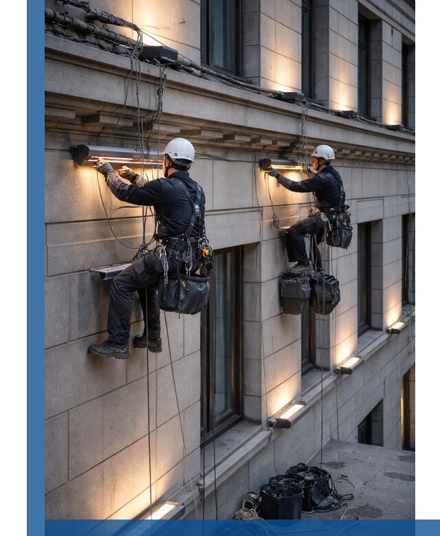 Монтаж архитектурной подсветки фасадов зданий в Ессентуках