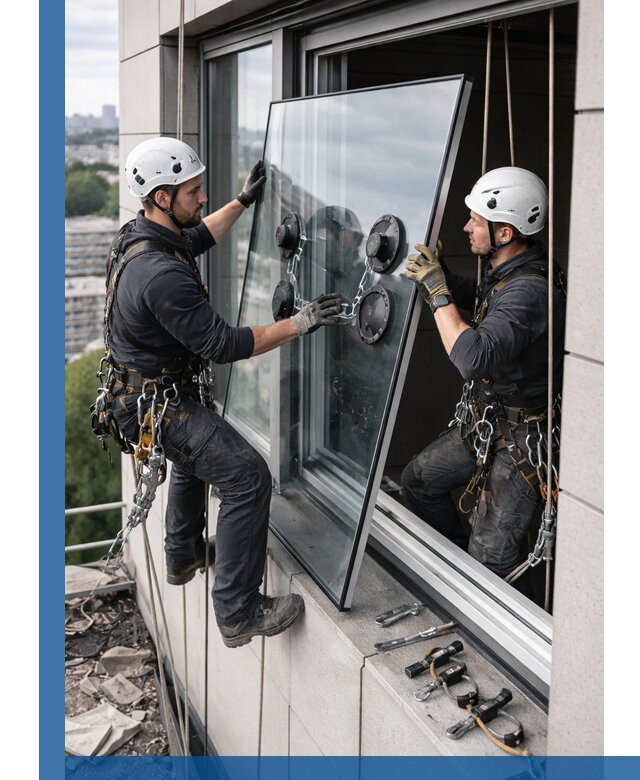 Замена стеклопакетов на высоте с промышленными альпинистами в Ессентуках