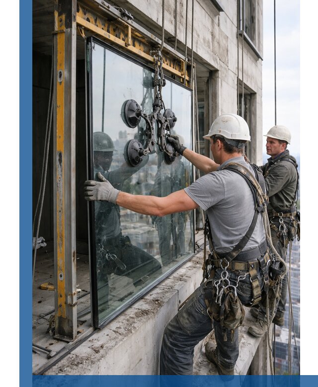 Монтаж стеклопакетов на высоте в Ессентуках с промышленным альпинизмом