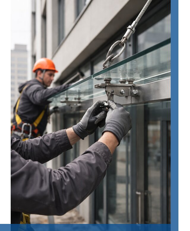 Монтаж стеклянных козырьков в Ессентуках от 8667 р. | ВЫСОТНИК-Ссн