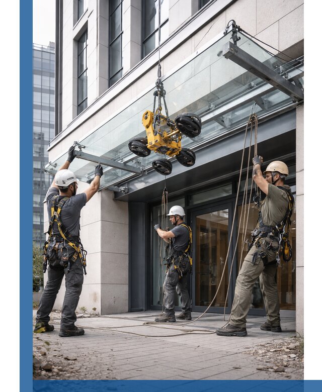 Монтаж стеклянных козырьков под ключ в Ессентуках для зданий