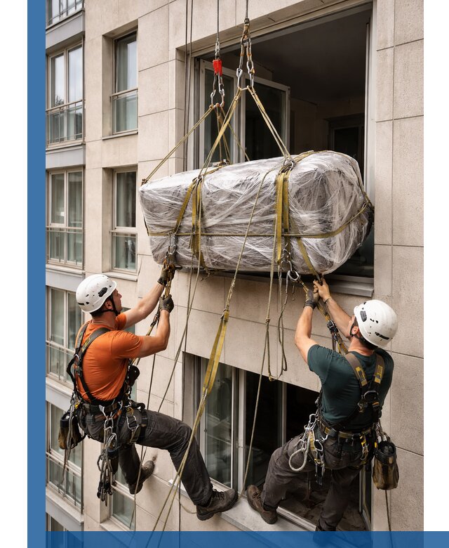 Подъем грузов через окно в Ессентуках промышленными альпинистами