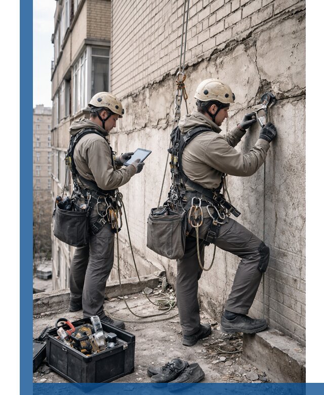 Обследование фасада промышленными альпинистами в Ессентуках